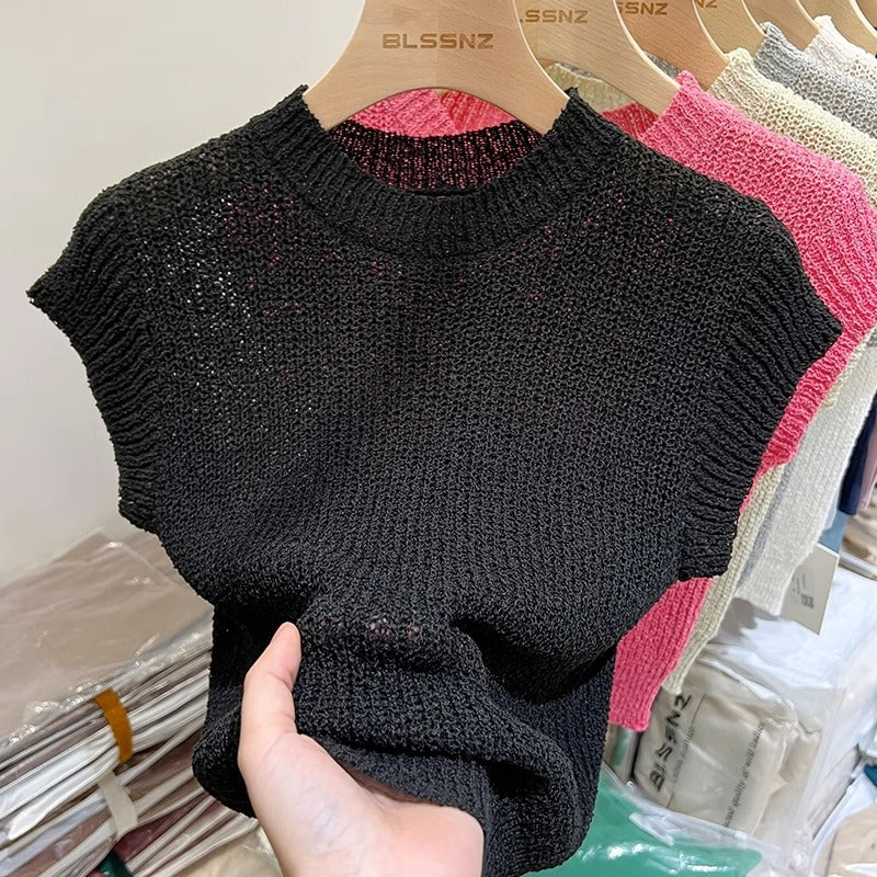 Women's European Goods Short-sleeved Summer Silk Ice Design Sleeveless Solid Women's Sweater