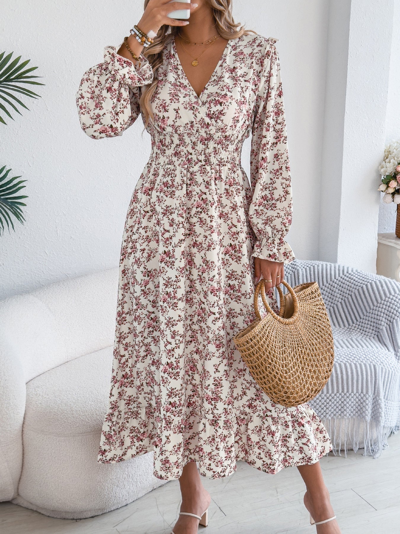 Women's Elegant Floral Cross Waist Trimming Ruffles Dress