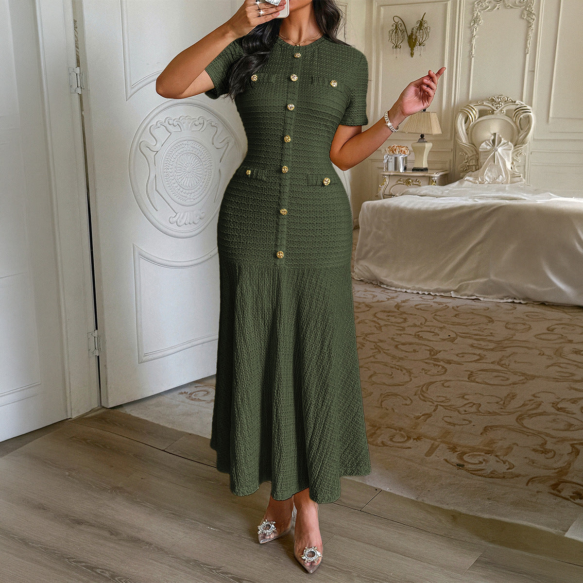 Women's Simple Elegant Style Button Sleeve Maxi Dress