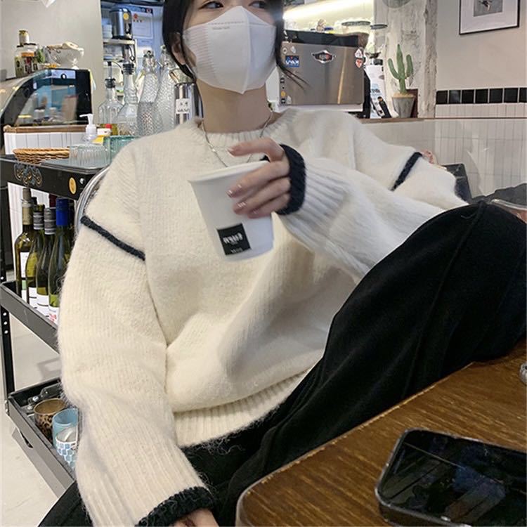 Women's Style Artistic Retro Loose Simple Round Neck Design Contrast Color Women's Sweater