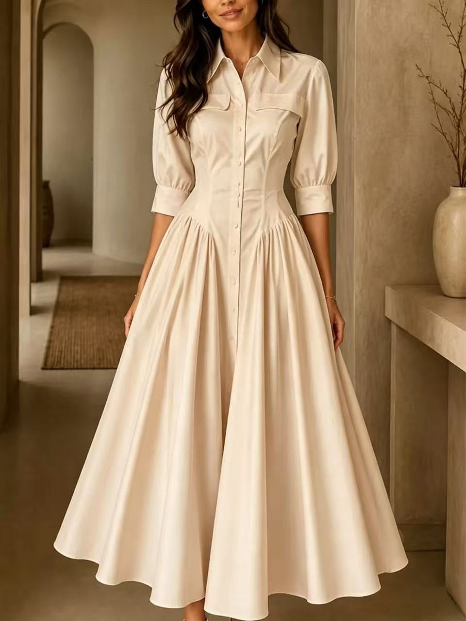 Linen Blended Breasted High Waist Pure Color Dress