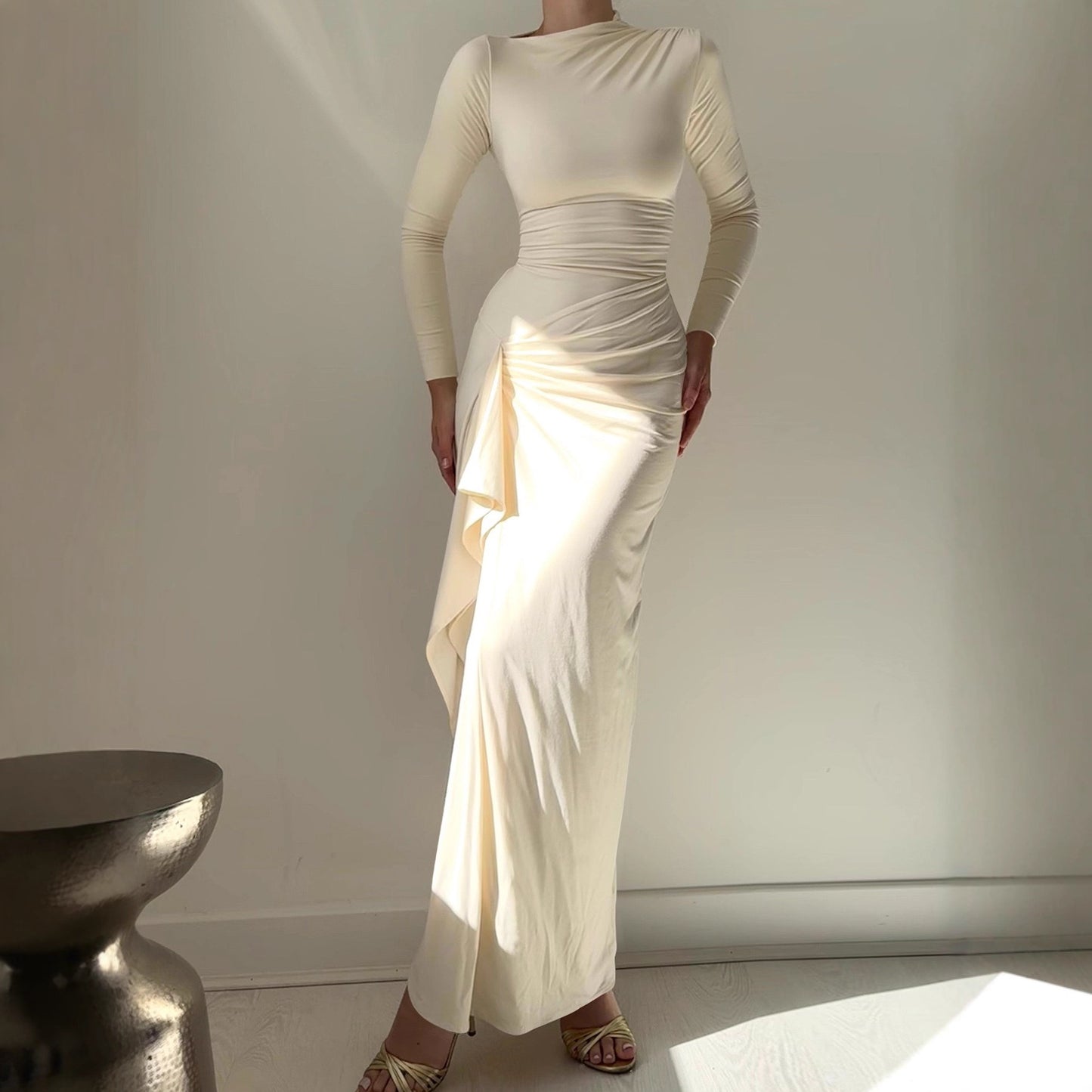 Women's Autumn Solid Color Round Neck Fashion Elegant Slit Dress