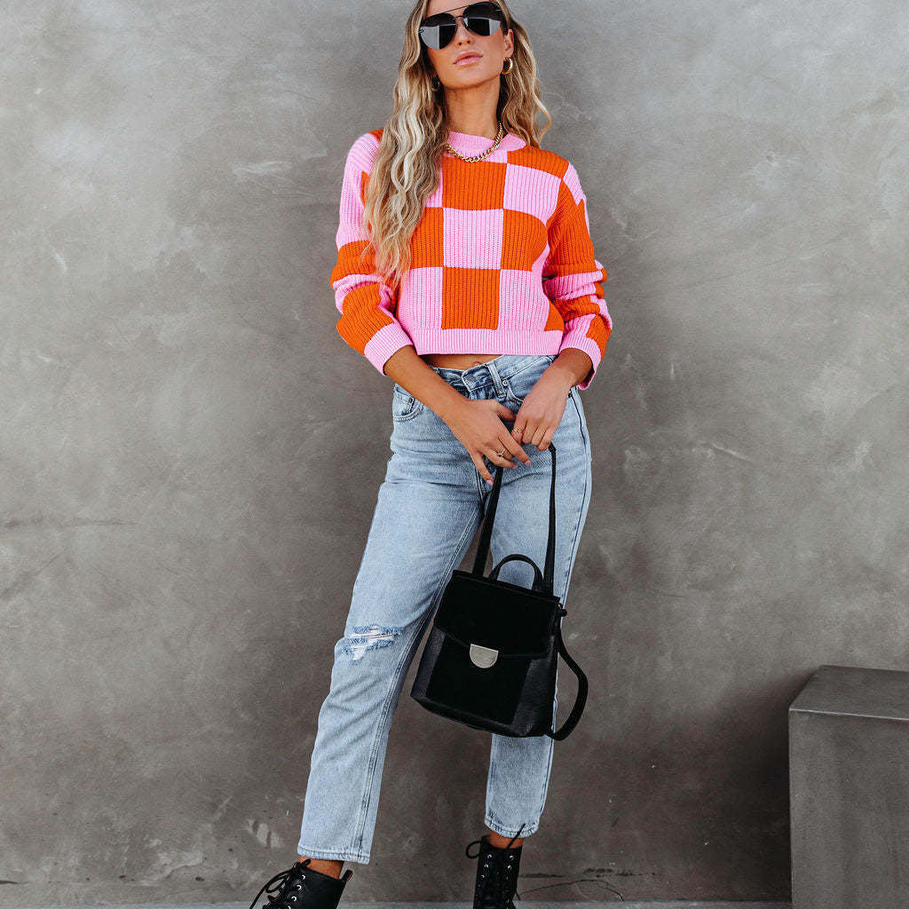 New Graceful Spring Chessboard Plaid Stitching Sweater