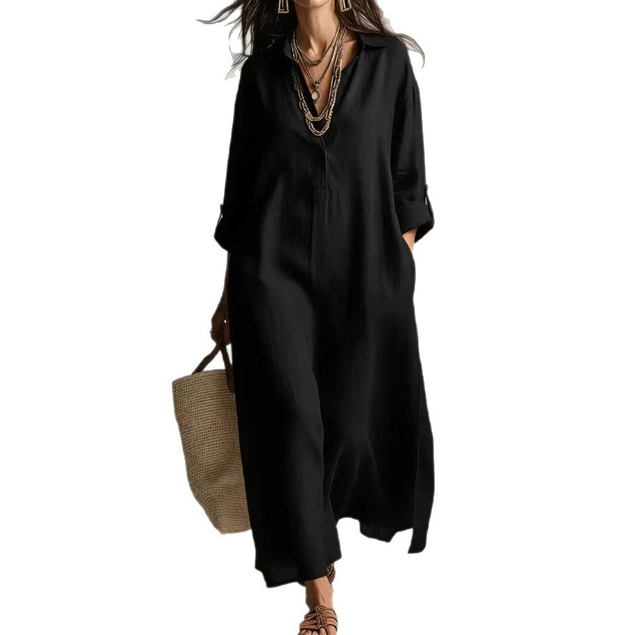 Solid Color Polo Collar Casual Long Sleeve Shirt Idle Dress