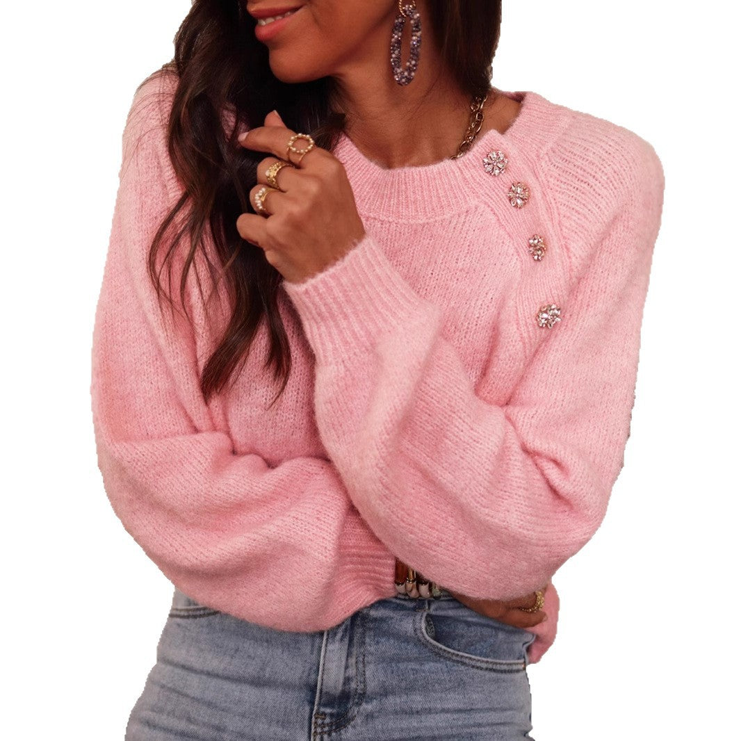 Women's Solid Color Raglan Sleeve Elegant Round Sweater