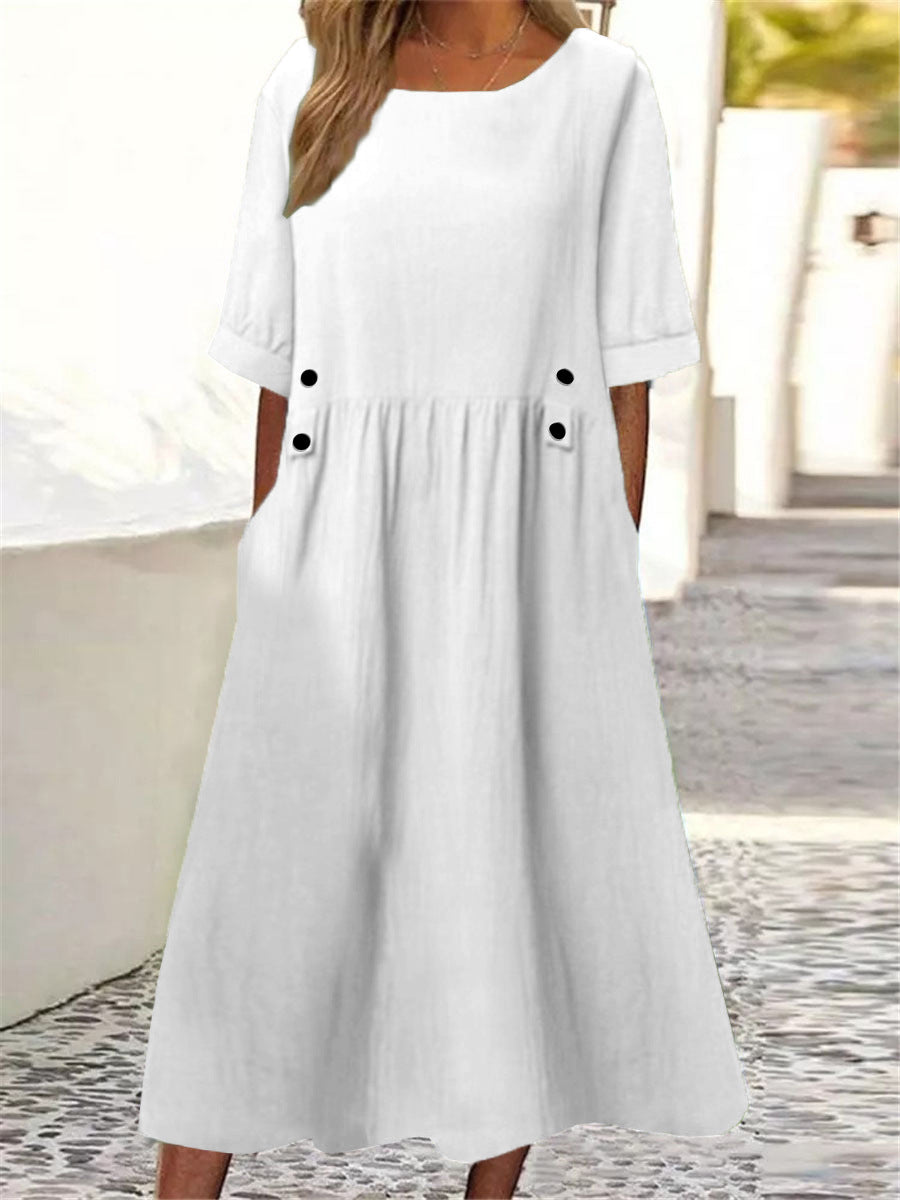 Cotton Linen Dress Round Neck Loose Dresses