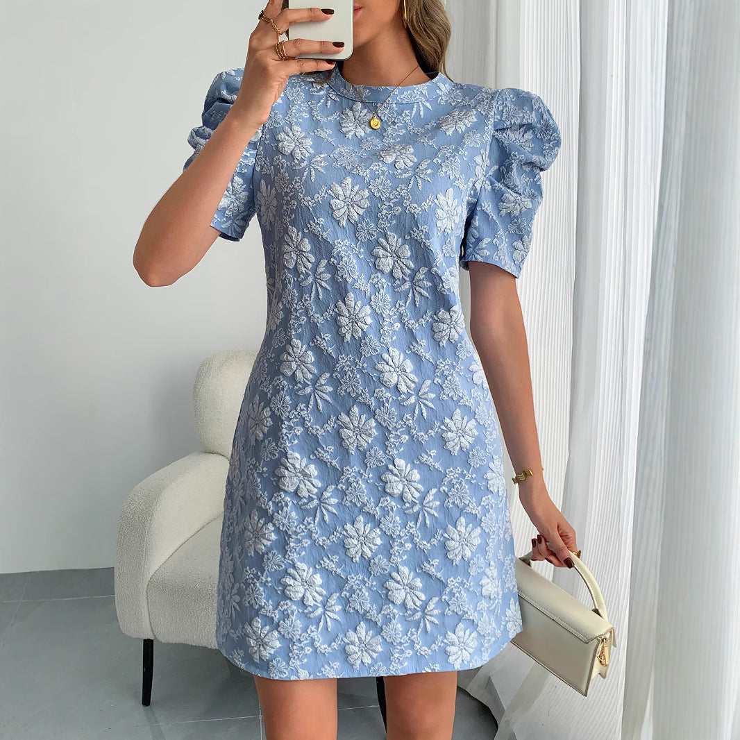 Women's Casual Puff Sleeve Textured Jacquard Dress
