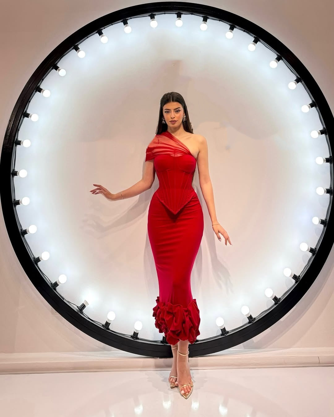 Red Oblique Shoulder High Waist Knit Suits