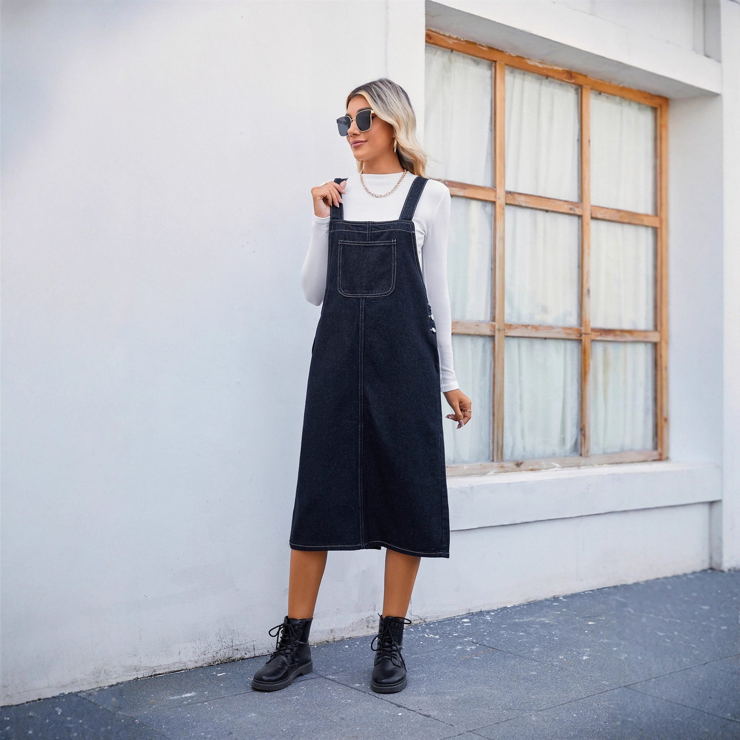 Charming Personalized Washed Denim Brace Midi Dress