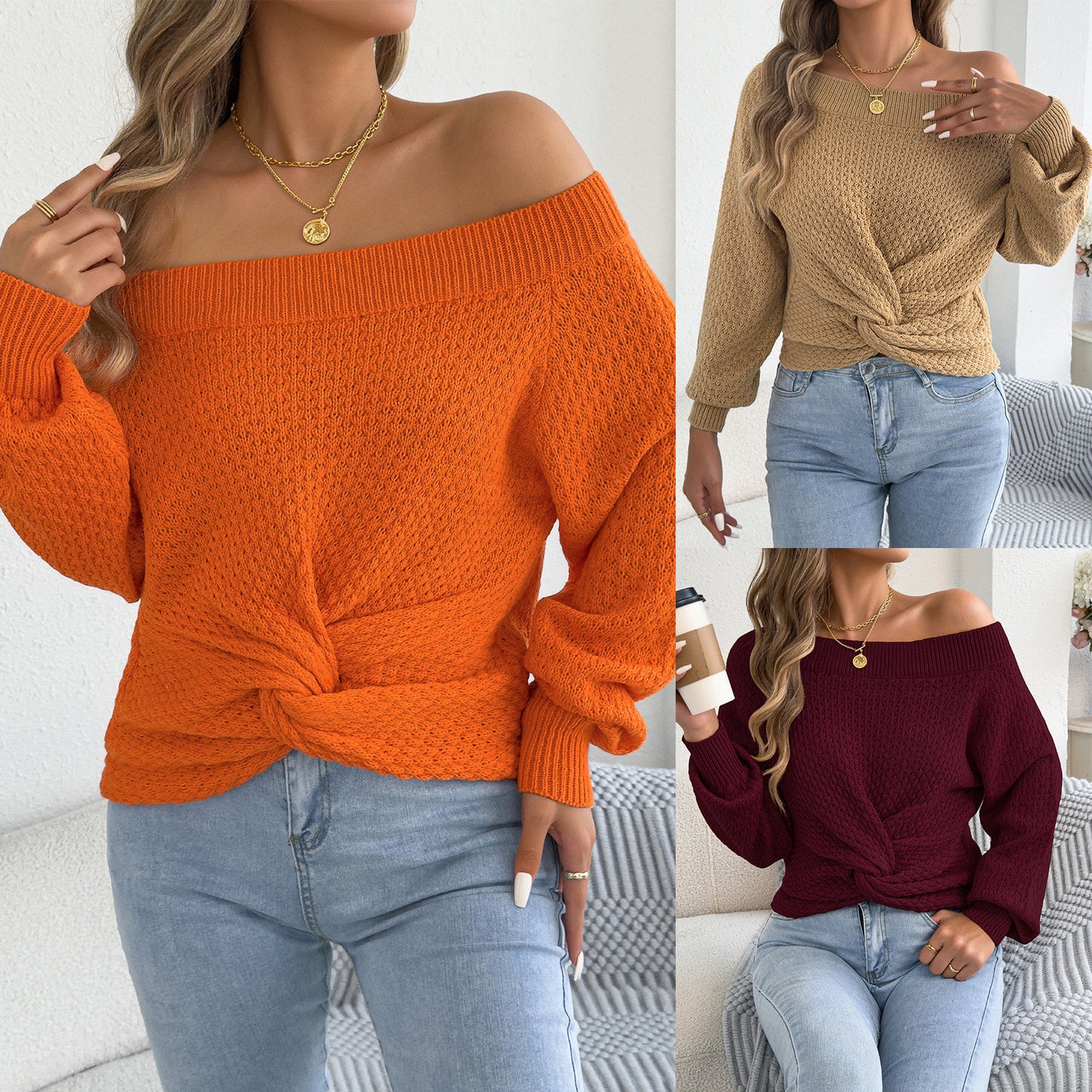 Women's Casual Solid Color Knotted Long Sleeve Sweater