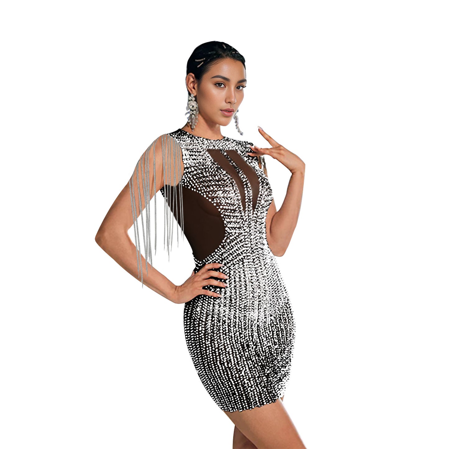Women's Fashion Wear Tassel Rhinestone Sleeveless Dress Dresses