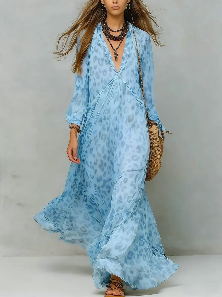 Women's Leopard Print Chiffon Long Sleeve Deep Dress