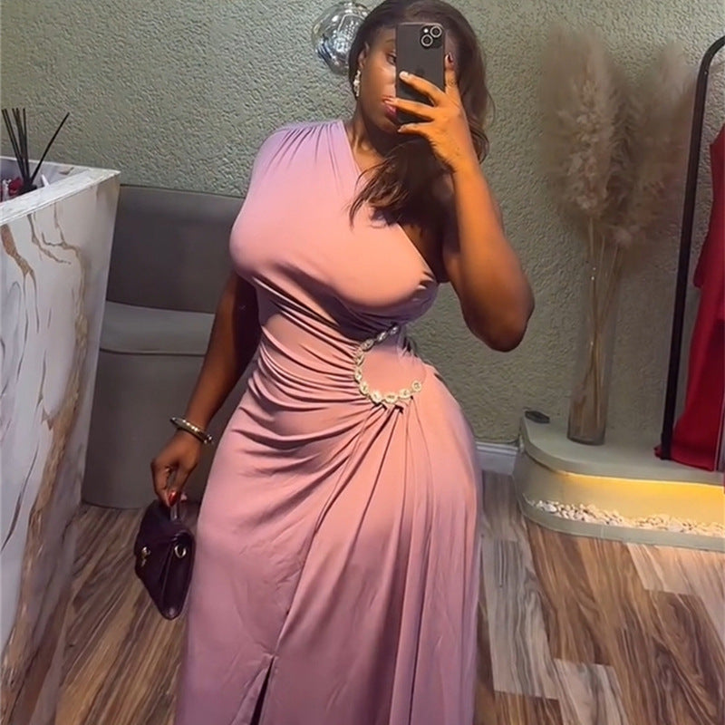 Women's Elegant Diagonal Collar Pleated Diamond Irregular Dresses