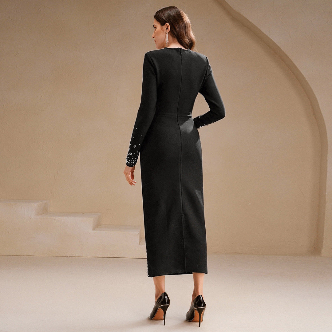 Elegant Bandage One-piece Wire Nail Decorative Long Sleeve Dress