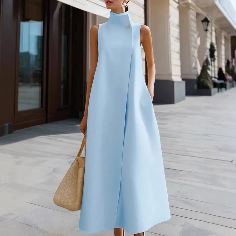 Elegant Commuter Stand Collar One Button Solid Color Dress