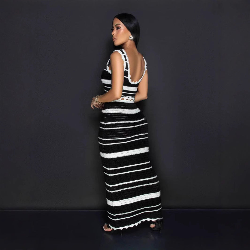 Women's Striped Knitted High Waist Contrast Two-piece Suits
