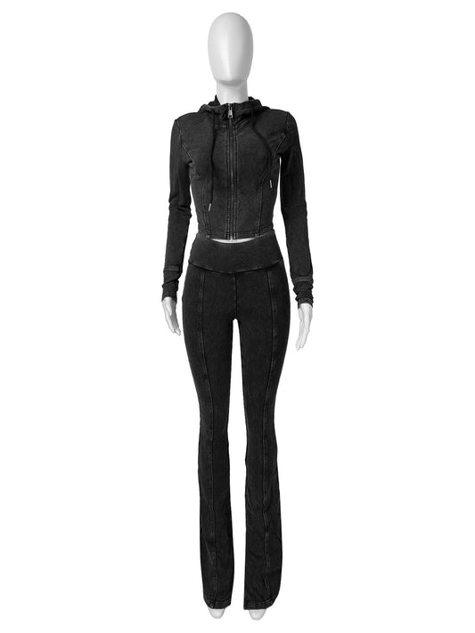 Women's Washed Old Hooded Bell-bottom Two-piece Casual Suits