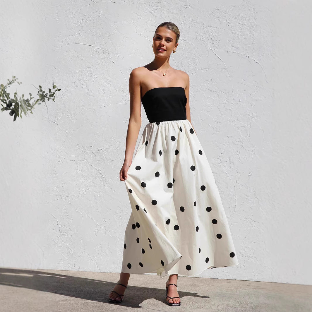 Polka Dot Print Stitching Wrapped Chest Dresses
