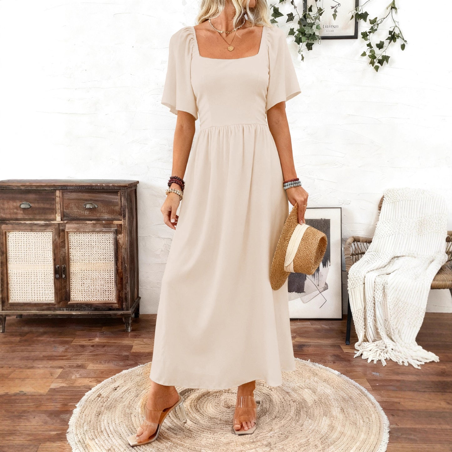 Bohemian Style Square Collar Elegant Generous Dress
