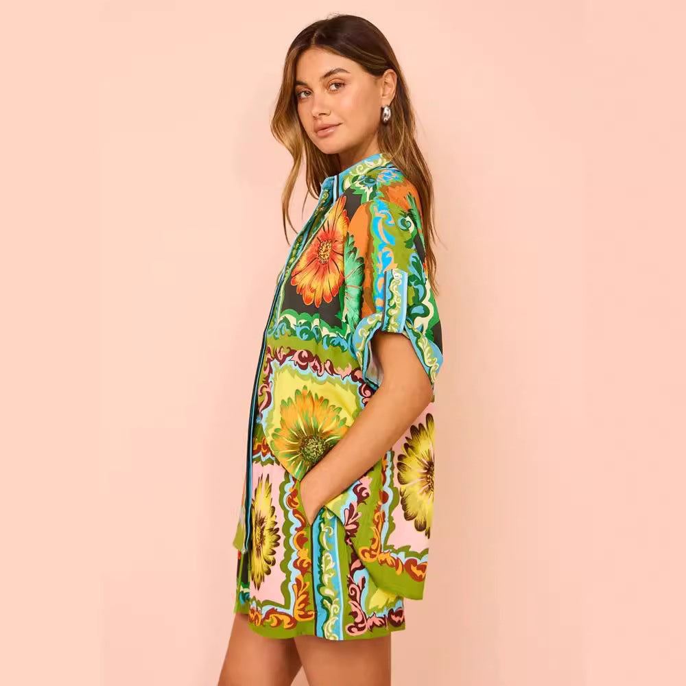 Loose Casual Fashionable Printed Daisy Linen Suits