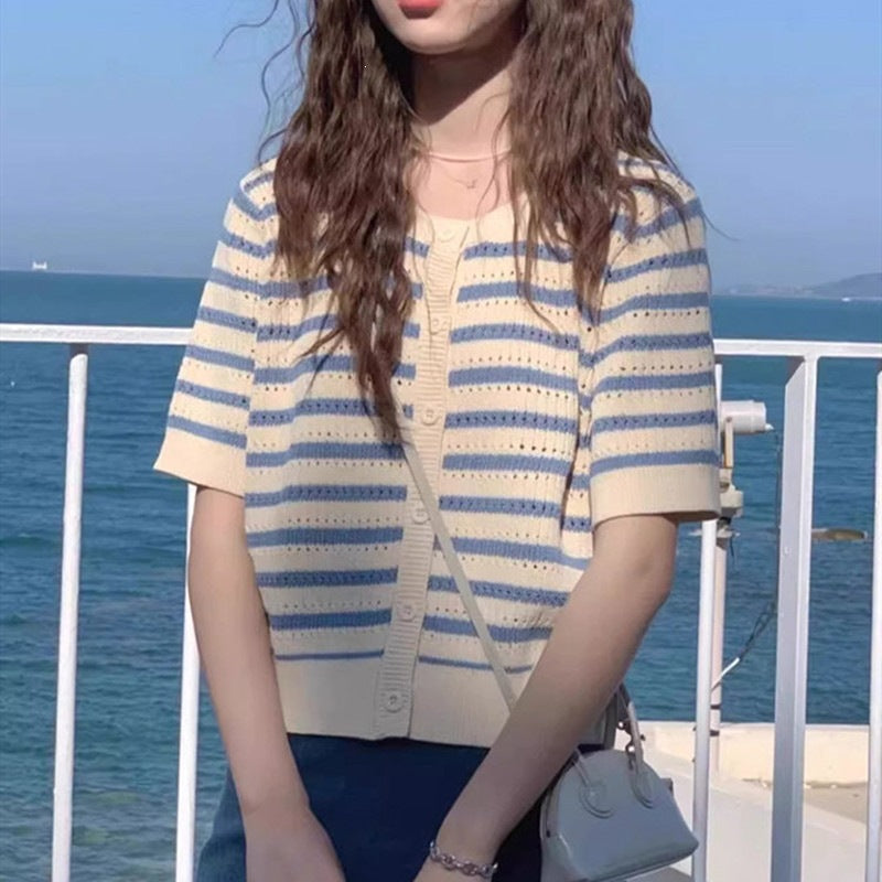 Women's Korean Style Gentle Blue White Striped Women's Sweater