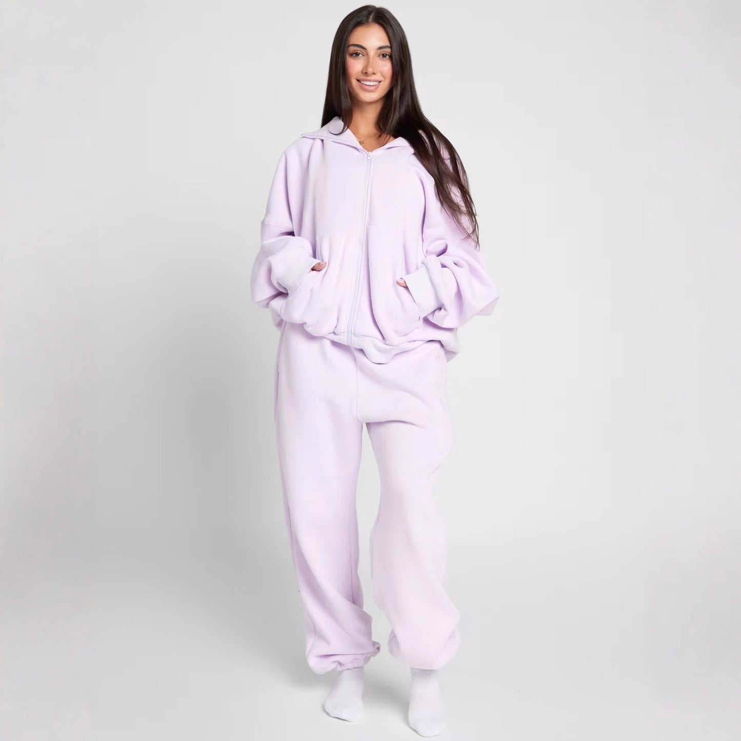 Women's Spring Solid Color Hooded Long-sleeved Zipper Suits