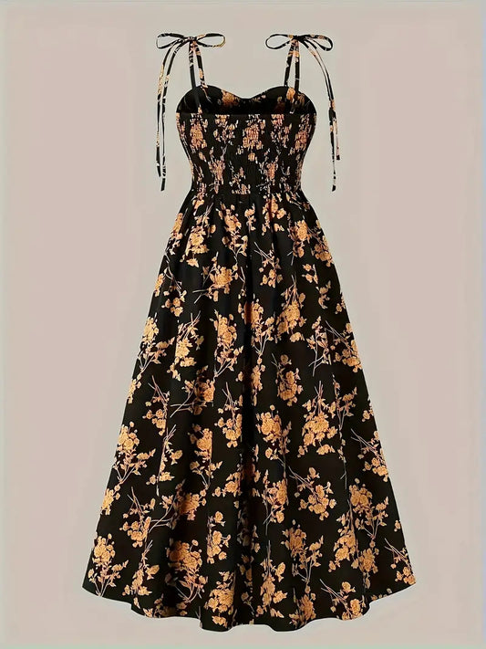 Women's Printed Tie Shoulder Strap Dress Elegant Sweetheart Dresses