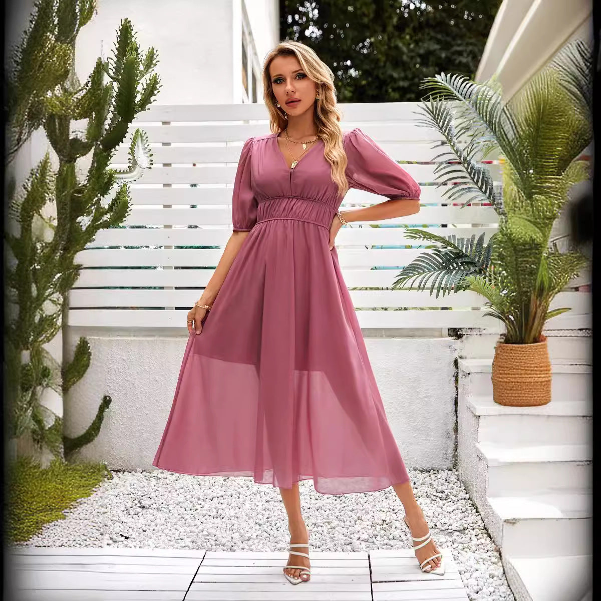Women's Vacation Casual Solid Color Chiffon Waist Dress