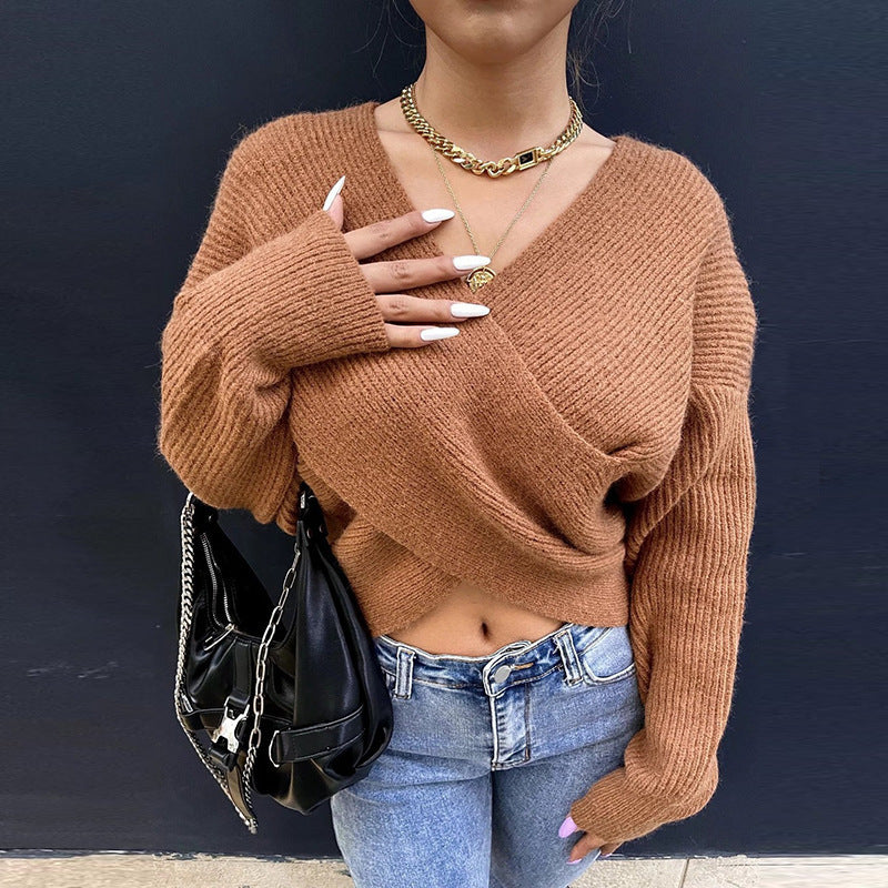 Solid Color Sexy Cross Cropped Long-sleeved Knitted Sweater