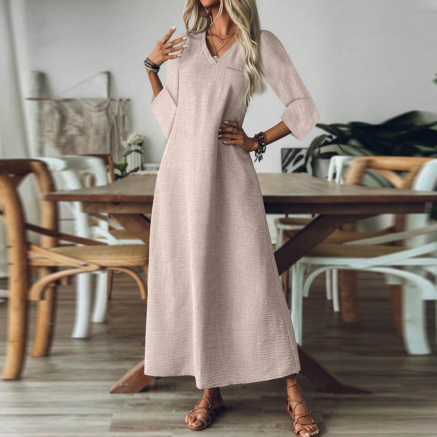 Zipper Sleeve Cotton Linen Solid Color Dress