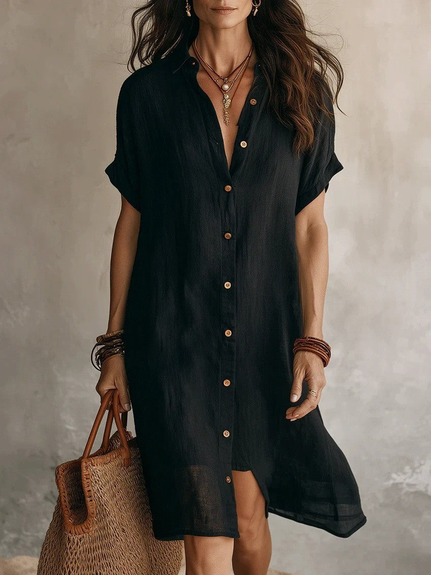 Cotton Linen Shirt Fashion Casual Short-sleeved Dress