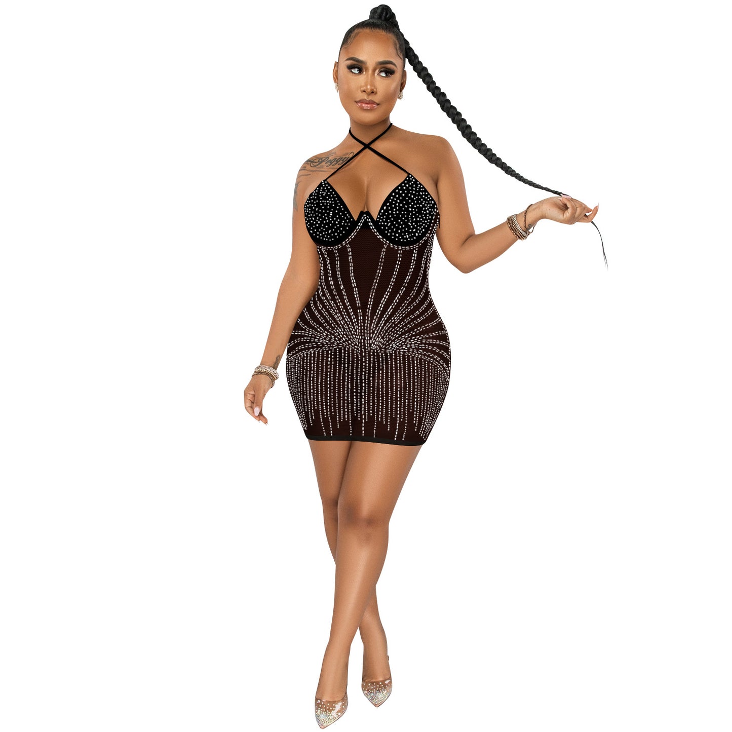 Sexy Spaghetti Straps Chest Wrap Rhinestone Dresses
