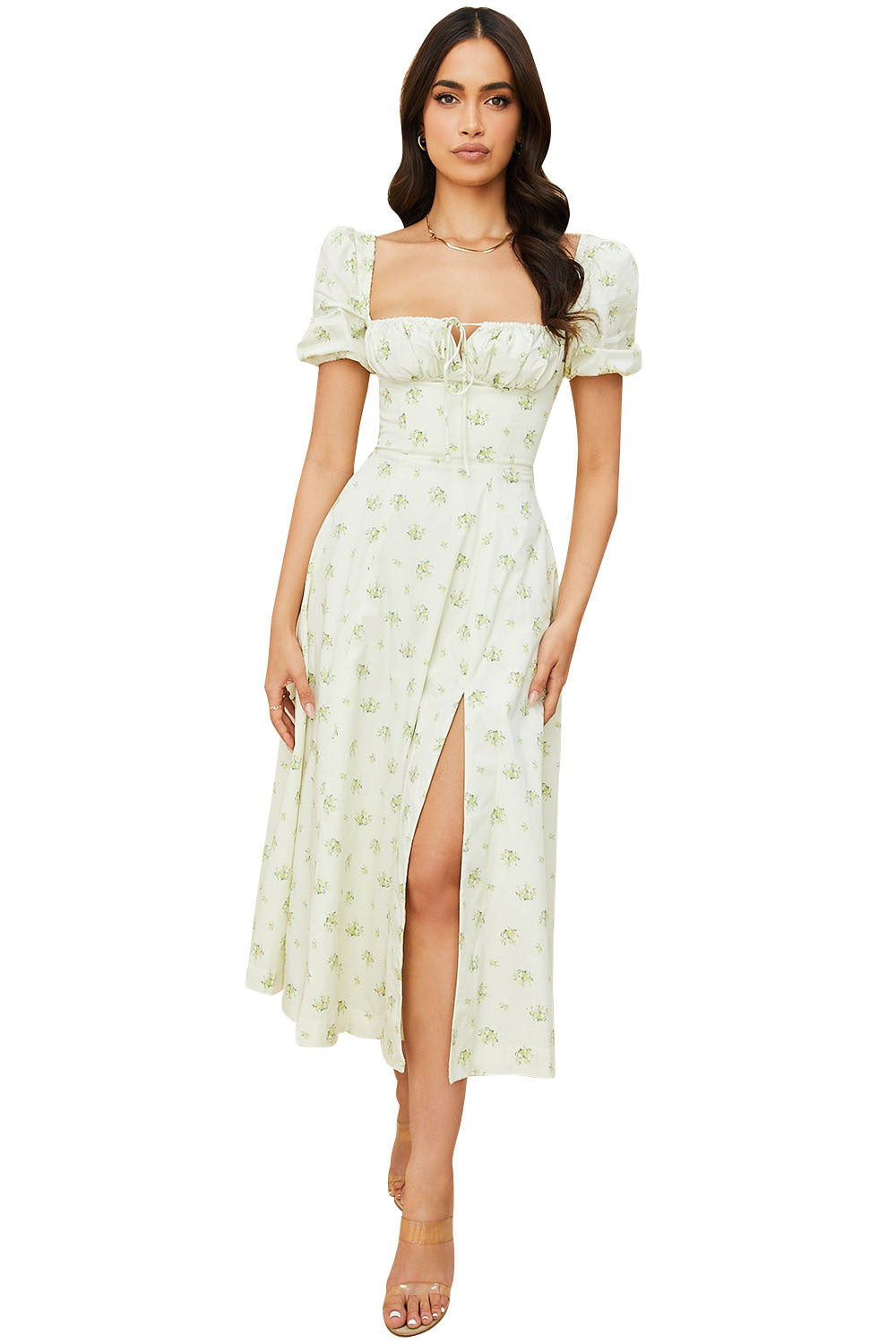 Summer Fashion Puff Sleeve Floral Split Maxi Dresses