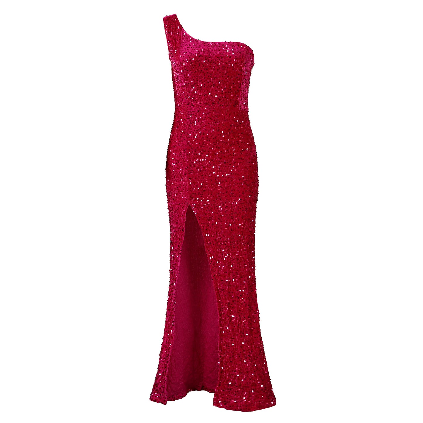 Women's Slant Shoulder Sexy Split Maxi Sequins Dress