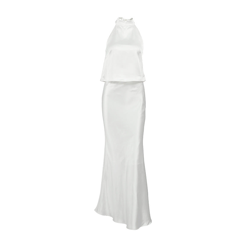 Acetate Satin White Sleeveless Halter Fishtail Suits
