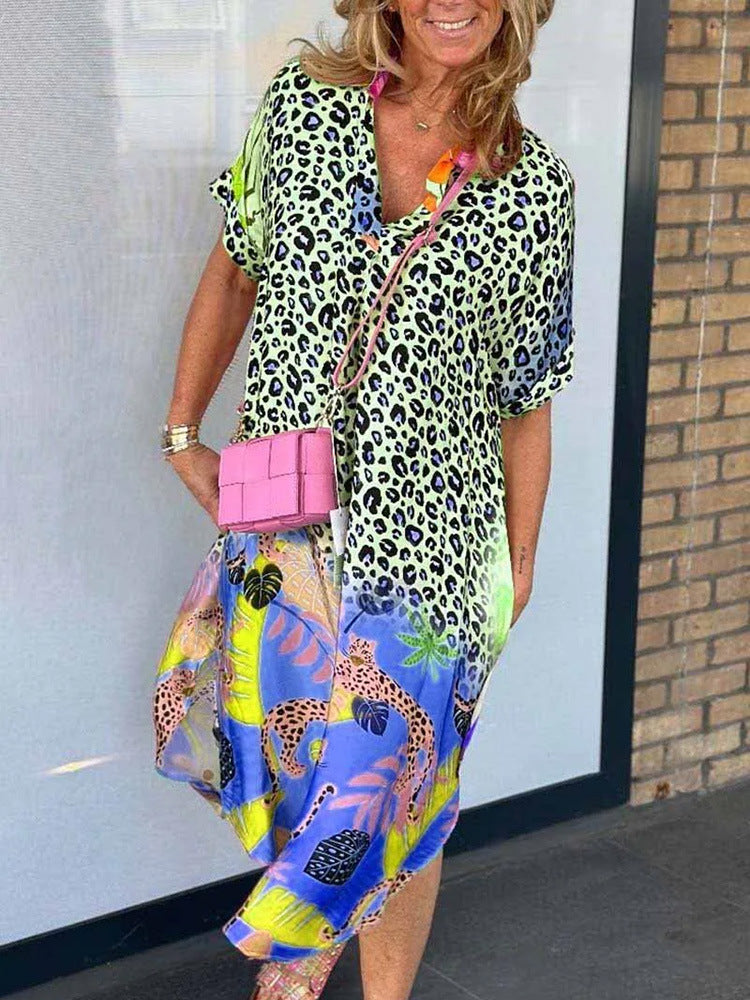 Women's Fashion Wear Half-open Collar Printed Loose Dresses