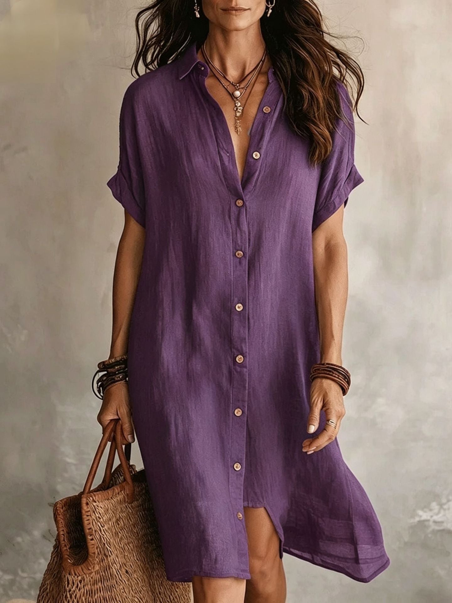 Cotton Linen Shirt Fashion Casual Short-sleeved Dress