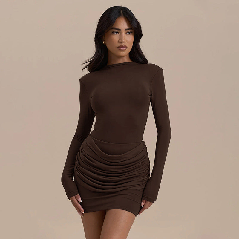 Women's Pleated Sheath Long Sleeve Waist Slimming Clothing