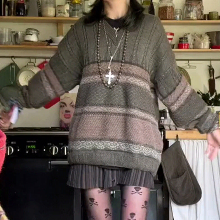 Women's Long Sleeve Striped Loose Multicolor Casual Sweater