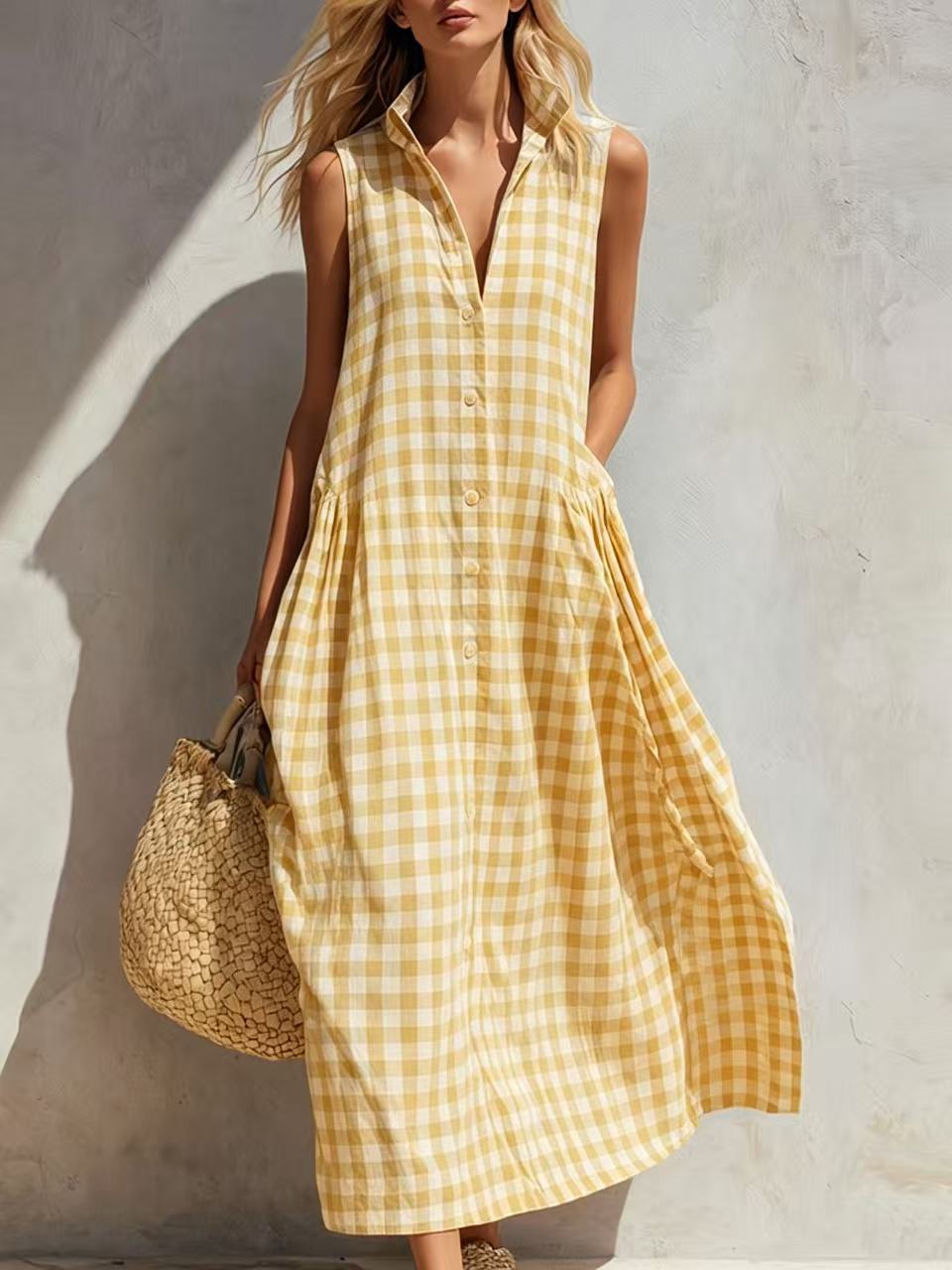 Sleeveless Summer Vacation Style Seaside Plaid Loose Dress