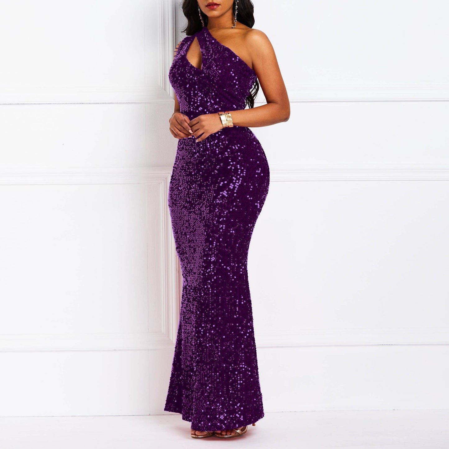Fashion Sequin One Shoulder Solid Color Backless Fishtail Dresses