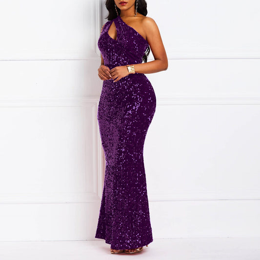 Fashion Sequin One Shoulder Solid Color Backless Fishtail Dresses