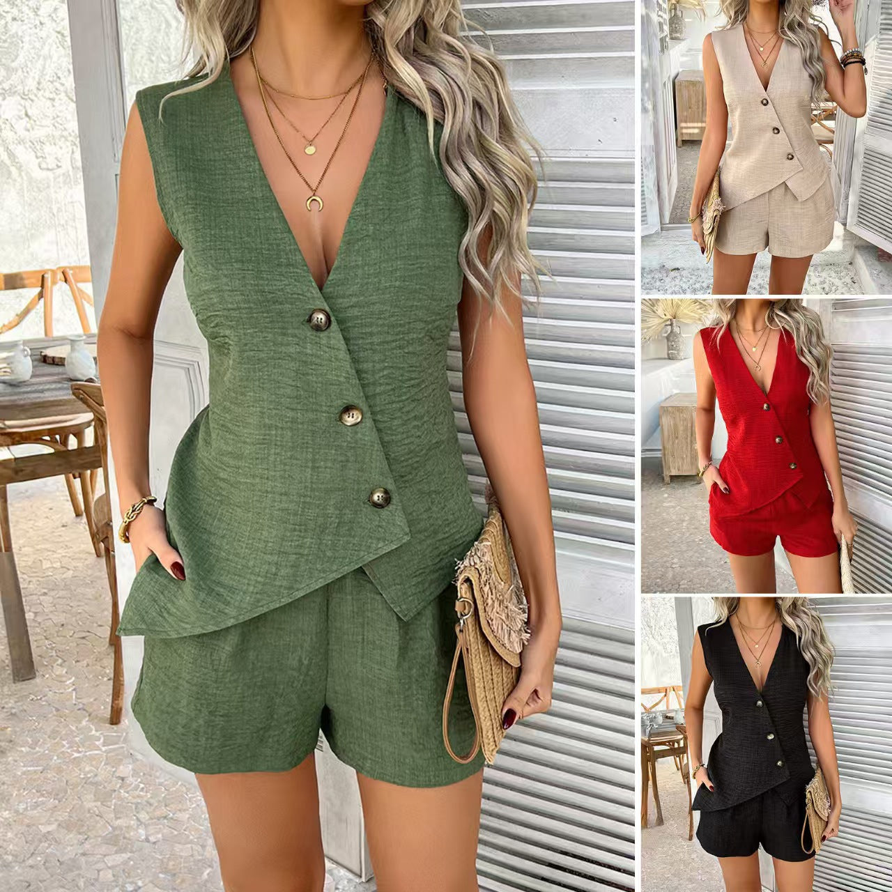 Women's Summer Solid Color Vacation Style Button Fashion Casual Suit