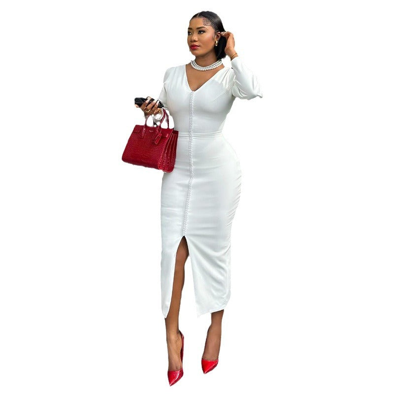 Women's Elegant Beaded High Waist One-step Split Dresses