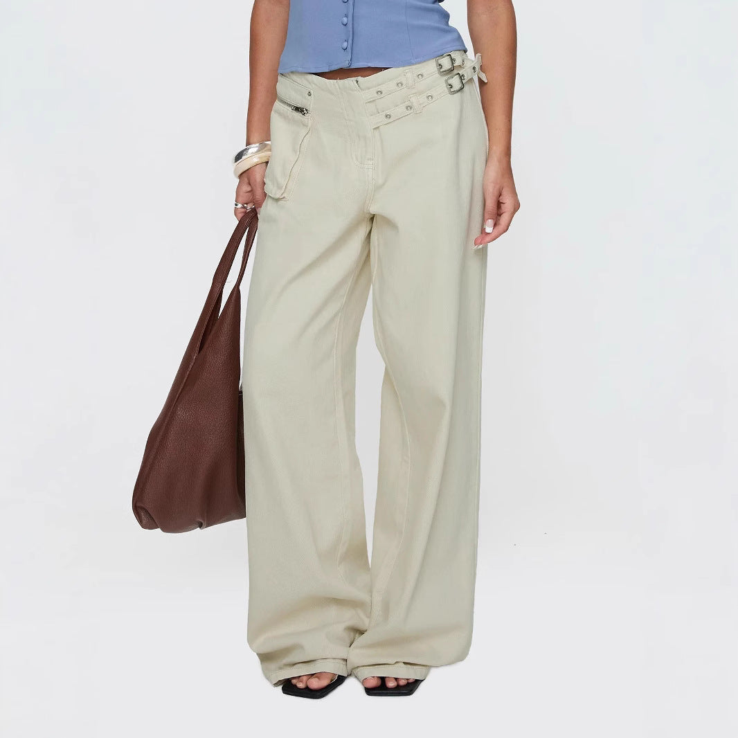 Women's Personality Street Adjustable Buckle Waist Side Pocket Detail Pants