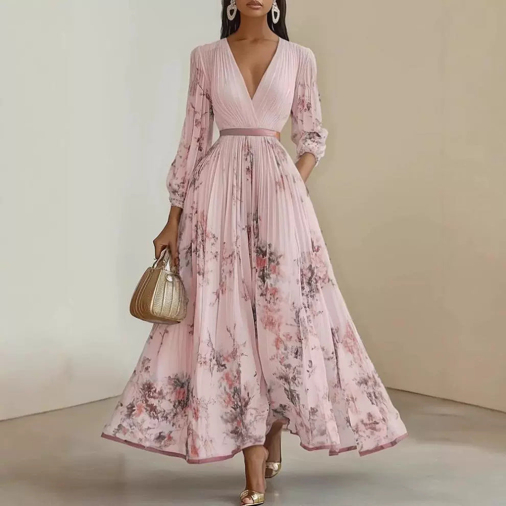 Women's Digital Printed Collar Long Sleeve Pleated Dresses