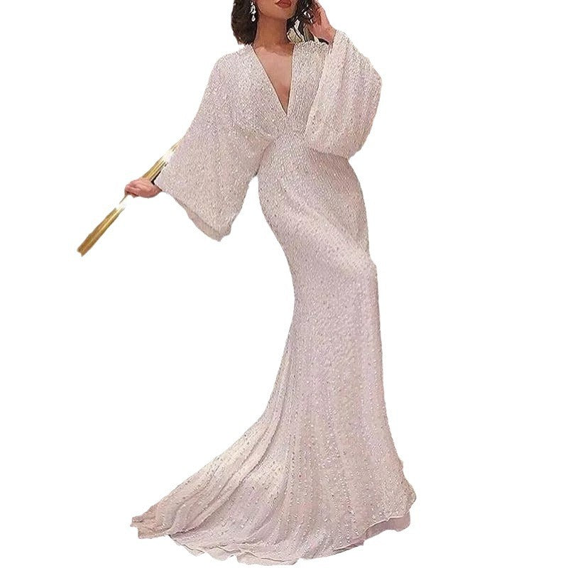 Mopping Floor Long Sleeve Sequin Formal Wedding Dresses