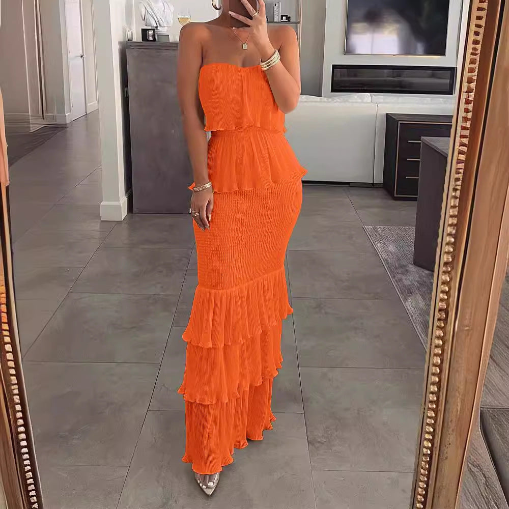 Women's Color Sleeveless Tube Smocking Pleated Ruffled Dresses