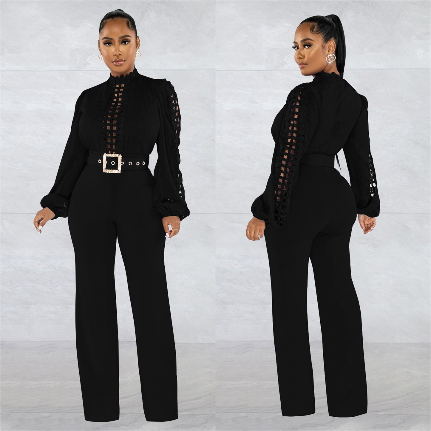 Women's Wear Belt Lace Cutout Solid Color Suits