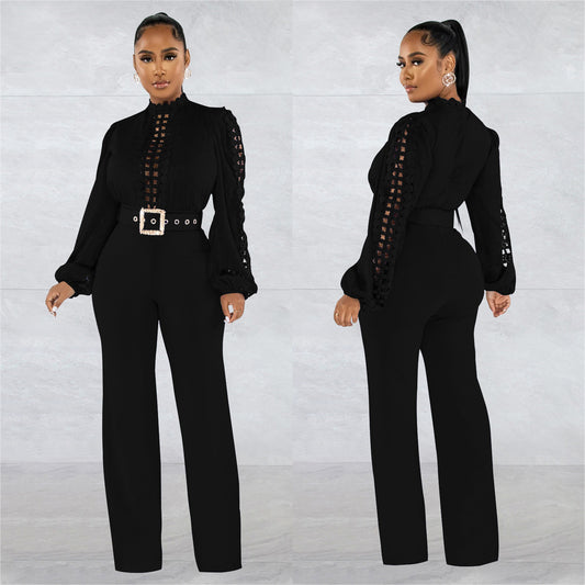 Women's Wear Belt Lace Cutout Solid Color Suits